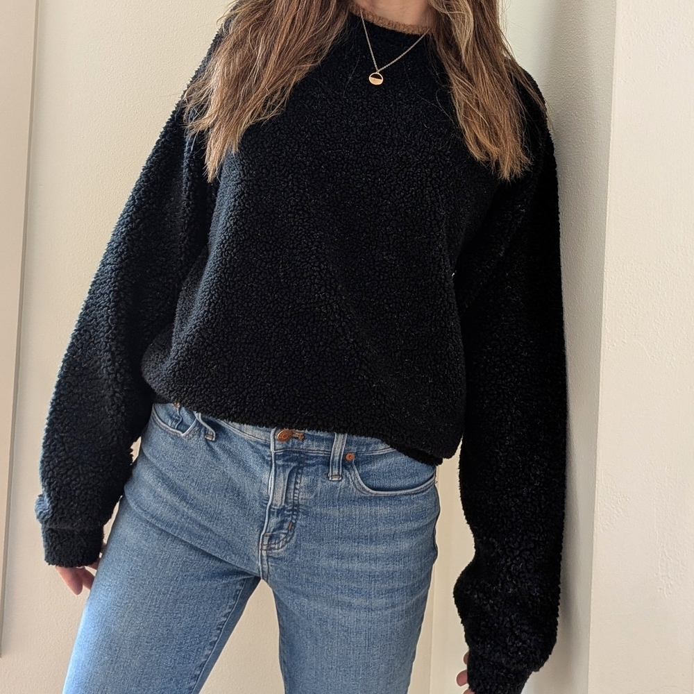Vintage Heavyweight Fleece Mixed Trim Detailed Crewneck Sweater In Black/Brown - Picture 2 of 8